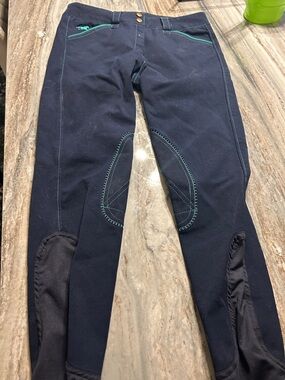 Piper Smartpak Navy Riding Breeches with Teal Stitching 28L EUC